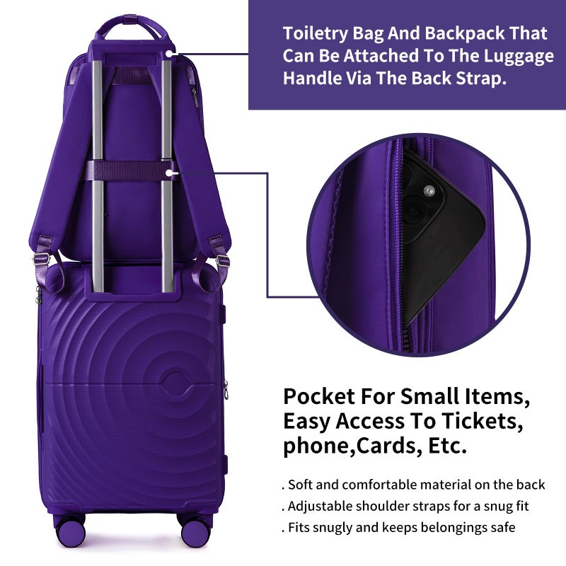 LARVENDER Carry On Luggage Set 22x14x9 Airline Approved, Expandable 20 Inch Carry-On Suitcases With Wheels, Lightweight Luggage Sets 3 Pieces With Backpack, Grape Purple - Image 3