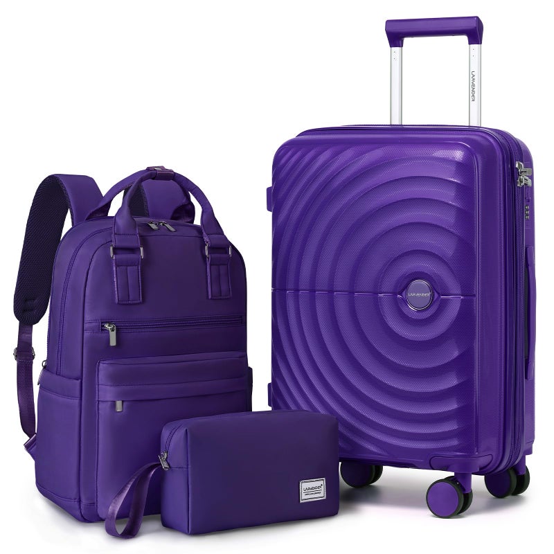 LARVENDER Carry On Luggage Set 22x14x9 Airline Approved, Expandable 20 Inch Carry-On Suitcases With Wheels, Lightweight Luggage Sets 3 Pieces With Backpack, Grape Purple - Image 1