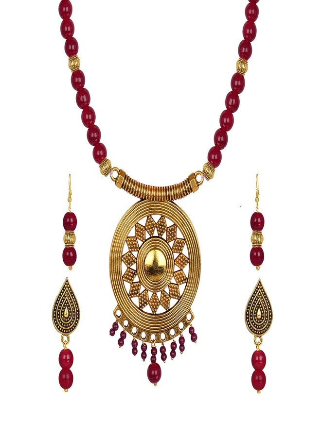 JFL - Jewellery for Less Gold Plated Floral Onyx Stone Necklace Set for Women (Maroon),Valentine - Image 1