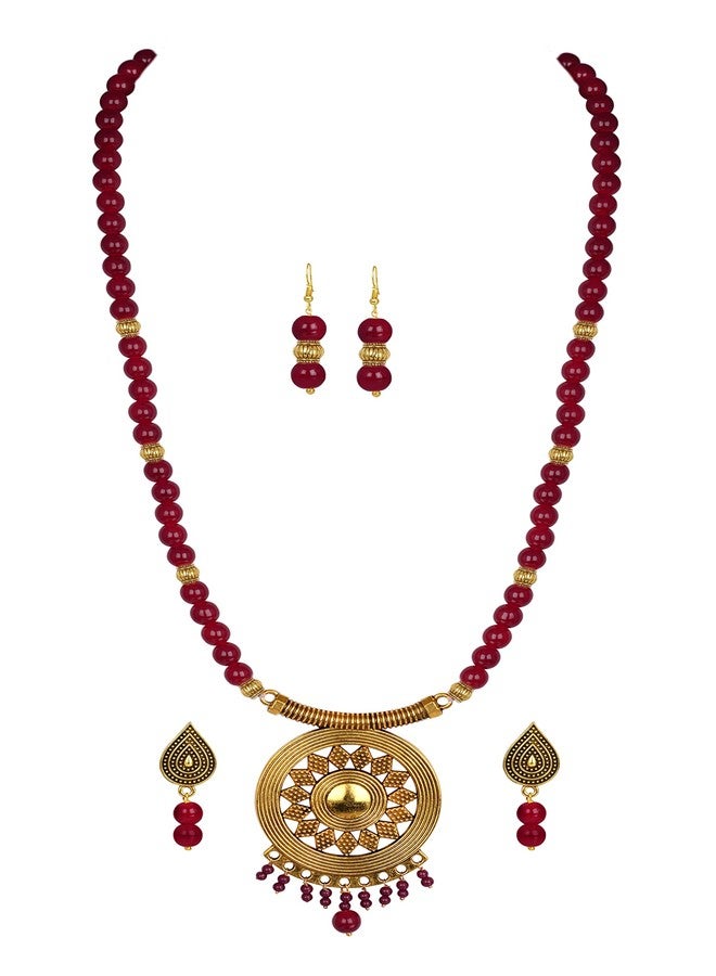 JFL - Jewellery for Less Gold Plated Floral Onyx Stone Necklace Set for Women (Maroon),Valentine - Image 3