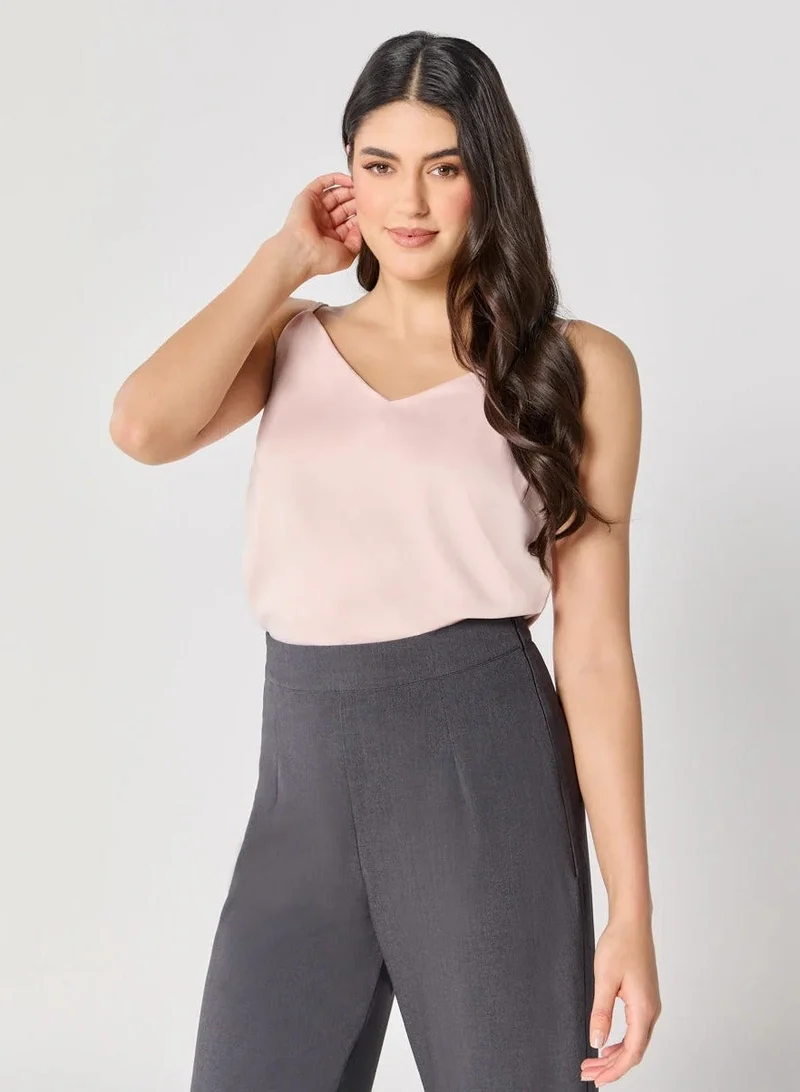 Zigzag Vneck Satin Cami Top With The Straps-Beige