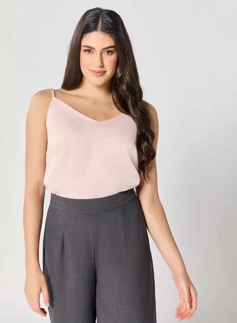 Zigzag Vneck Satin Cami Top With The Straps-Beige