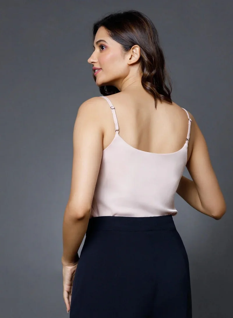 Zigzag Vneck Satin Cami Top With The Straps-Beige
