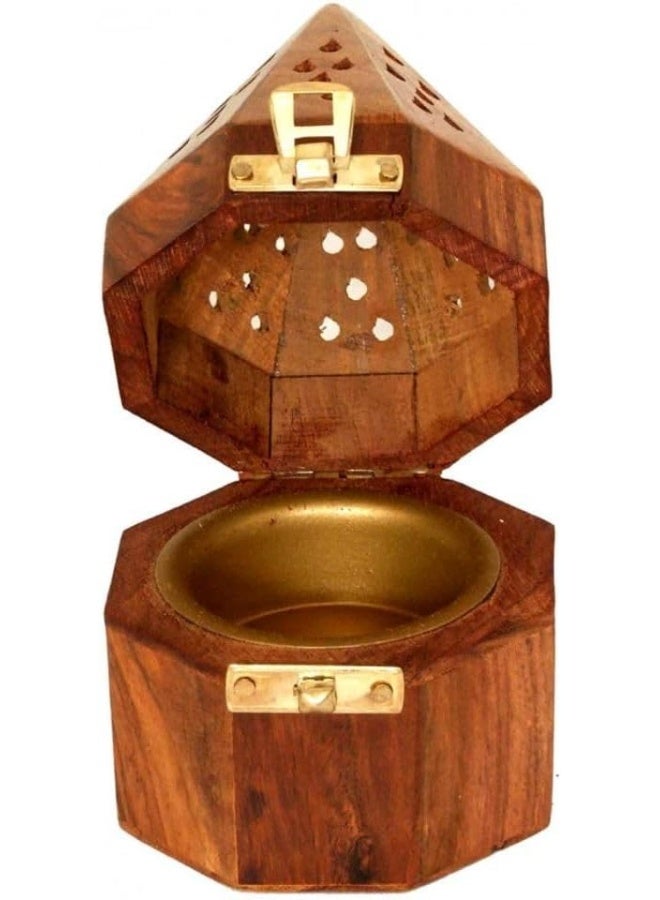 SAQOWARE Hexagonal Wooden Bakhoor Burner, Large, Brown  - Image 1