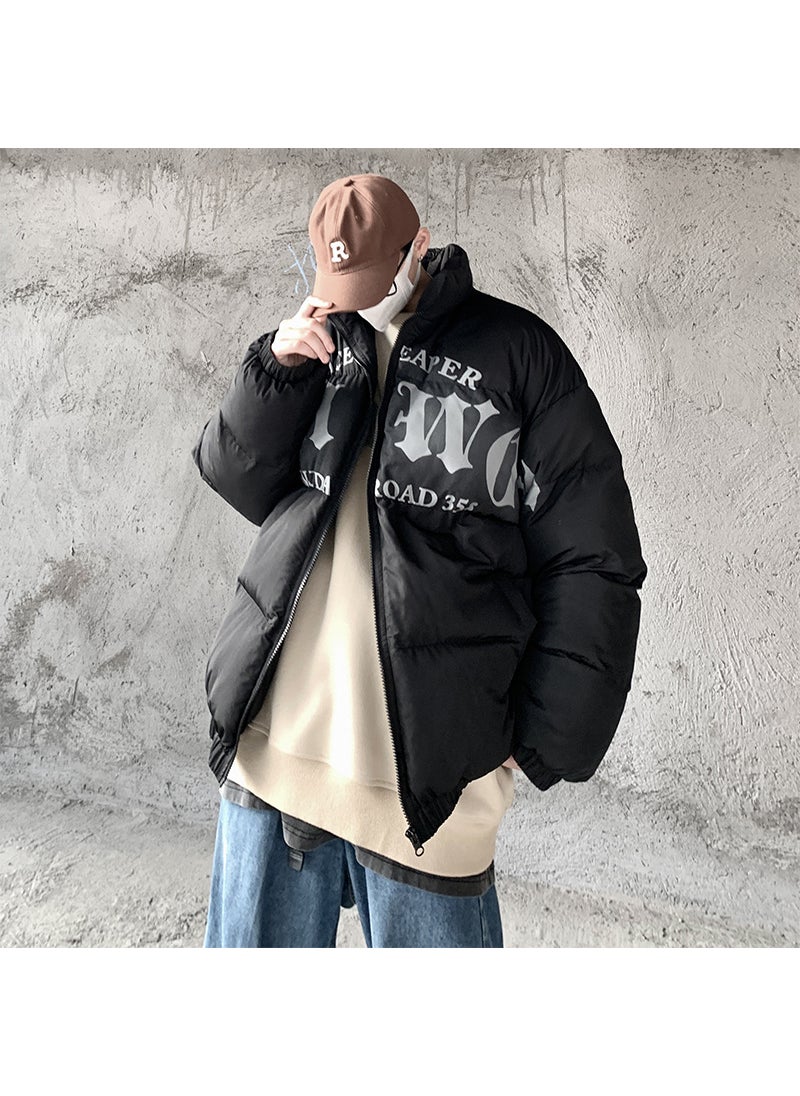 Generic - UniqueLetter PrintPuffer JacketMen 2022 Winter High Street Casual Trendy Ins Warm Stand Collar Cotton Coat Brown - Image 1