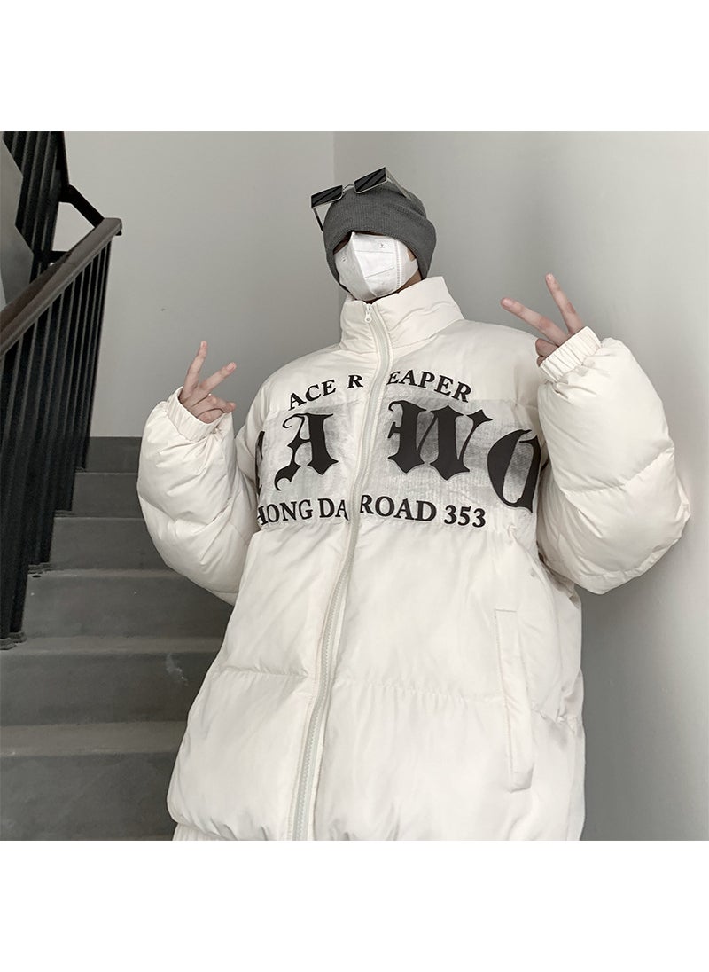 Generic - UniqueLetter PrintPuffer JacketMen 2022 Winter High Street Casual Trendy Ins Warm Stand Collar Cotton Coat Brown - Image 1