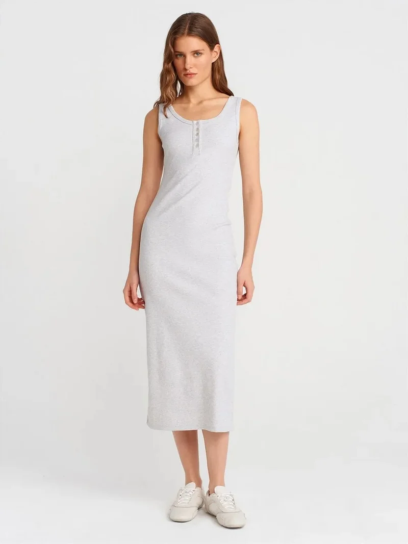 ديلفين Dilvin Ribbed Midi Bodycon Dress With Buttons
