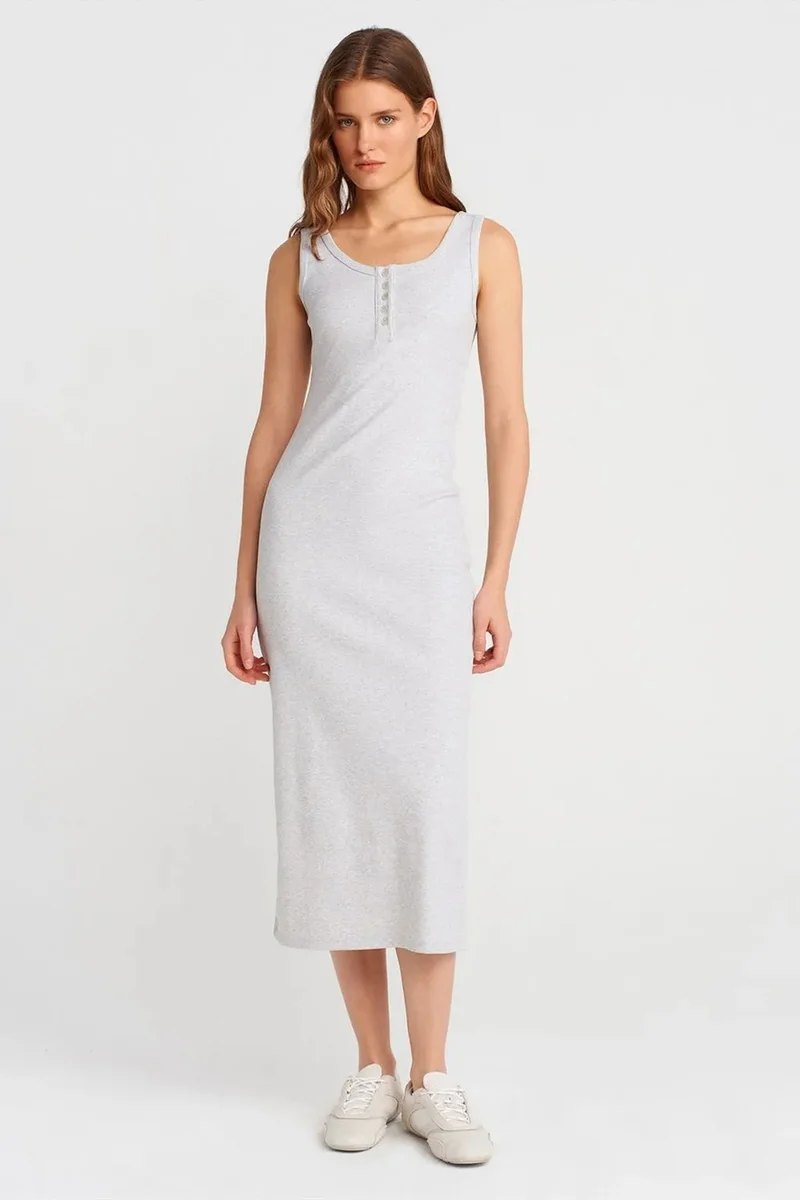 DILVIN Ribbed Midi Bodycon Dress With Buttons
