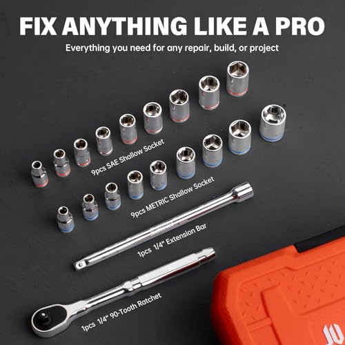 JU JIAN TEC 20-Piece 1/4" Drive Shallow Socket Set, SAE/Metric (3/16"-9/16" & 5mm-13mm) with Ratchet & Extension Bar, Premium Chrome Vanadium Steel, 6-Point, with Molded Case - Image 5