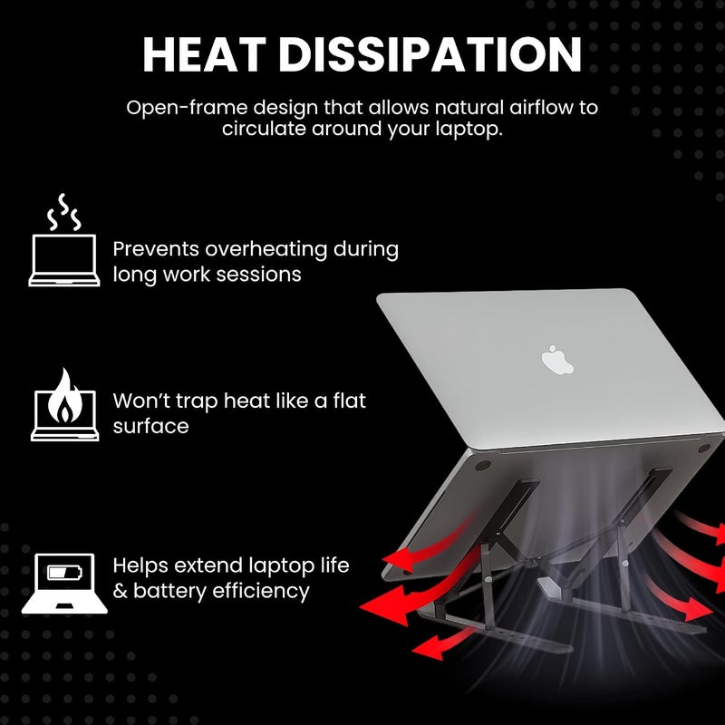 Nexso Adjustable Black Aluminium Laptop Stand for Desk | Foldable Ergonomic Riser for Laptops, Tablets, 7-Angle Portable Non-Slip Design with Cooling, Carry Case, Travel Pouch & Wide Compatibility - Image 4