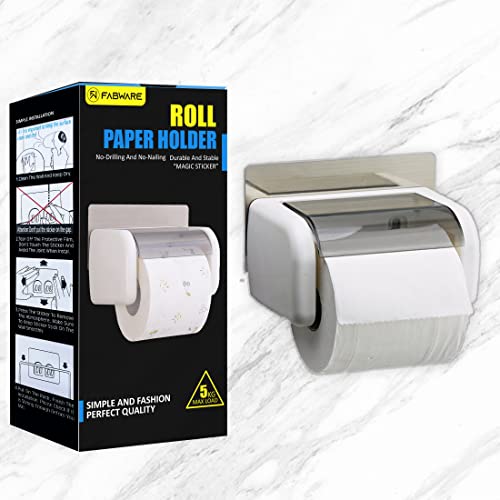 FABWARE Toilet Paper Holder for Bathroom | Self Adhesive Wall Mount Tissue Roll Holder with Cover ABS Plastic | No Drill | Bathroom Organizer Space Saving Durable Toilet Roll Stand - Image 1