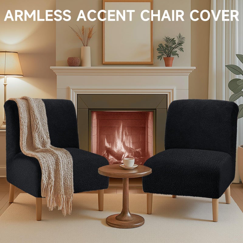 XIAROGEE Teddy Wool Armless Accent Chair Cover Heavy-duty Soft Plush Armless Chair Slipcover Accent Chairs Covers without Arms Warm Fuzzy Slipper Chairs Slipcover for Living Room/Bedroom/Hotel DÃ©cor (Black, 1) - Image 2