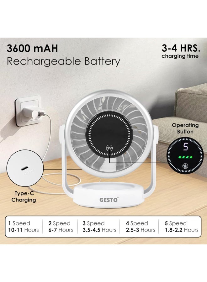 الجستو Gesto High Speed Turbo Table Fan – 5 Speed Rechargeable Desk Fan with 3600mAh Battery, Upto 10 Hrs. Runtime, USB Type-C Portable Fan, 180° Adjustable Quiet Desktop Fan for Office, Home, Kitchen,Travel - Image 4