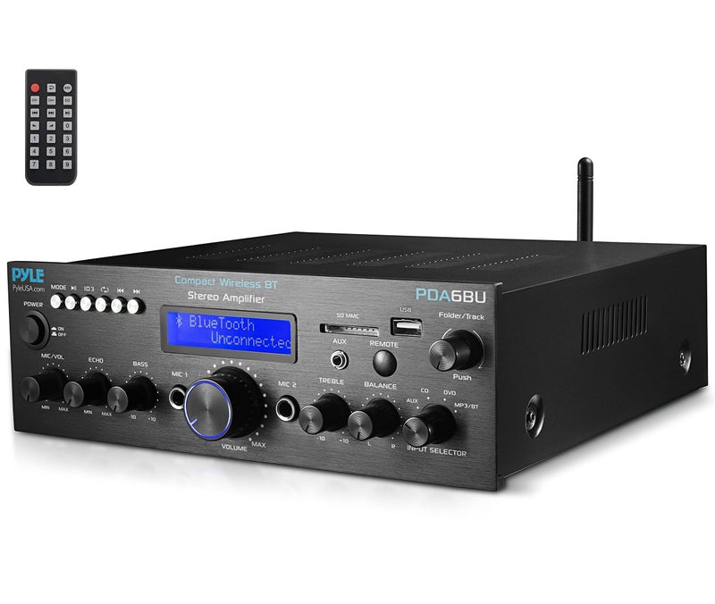Pyle Wireless Bluetooth Power Amplifier System- 200W Dual Channel Sound Audio Stereo Receiver w/USB, SD, AUX, MIC w/Echo, Radio, LCD - Home Theater Entertainment via RCA, Studio Use, Black - PDA6BU.6 - Image 1