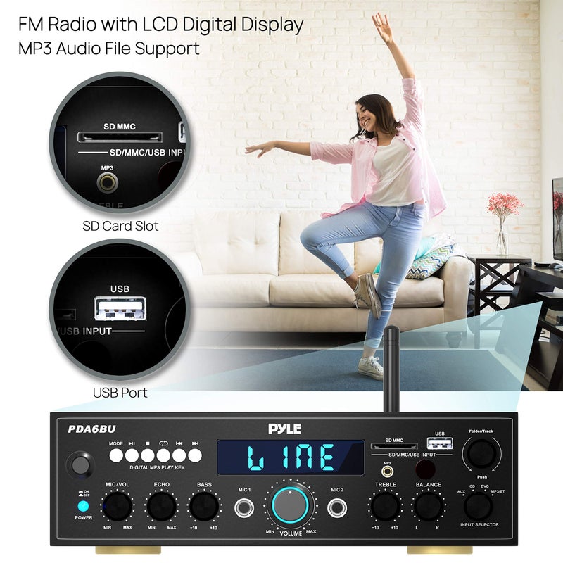 Pyle Wireless Bluetooth Power Amplifier System- 200W Dual Channel Sound Audio Stereo Receiver w/USB, SD, AUX, MIC w/Echo, Radio, LCD - Home Theater Entertainment via RCA, Studio Use, Black - PDA6BU.6 - Image 4