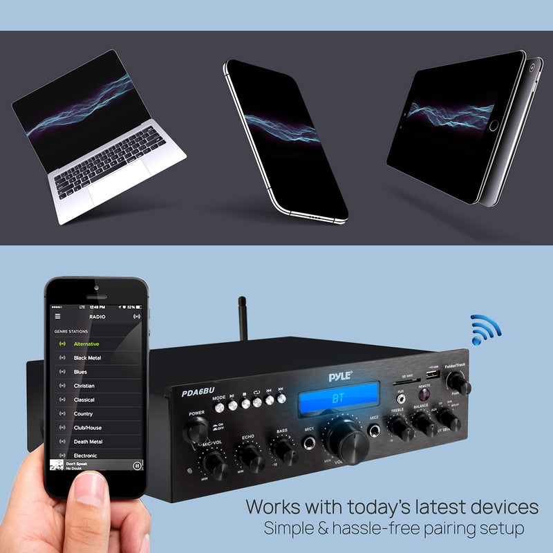 Pyle Wireless Bluetooth Power Amplifier System- 200W Dual Channel Sound Audio Stereo Receiver w/USB, SD, AUX, MIC w/Echo, Radio, LCD - Home Theater Entertainment via RCA, Studio Use, Black - PDA6BU.6 - Image 3