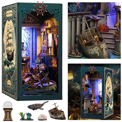 ISSEVE Book Nook Kit DIY 3D Wooden Puzzle Dollhouse Booknook for Adults Tiny Miniature House Kit Bookshelf Decor with LED Light and Dust Cover for Family and Friends Sea Maze - Image 1