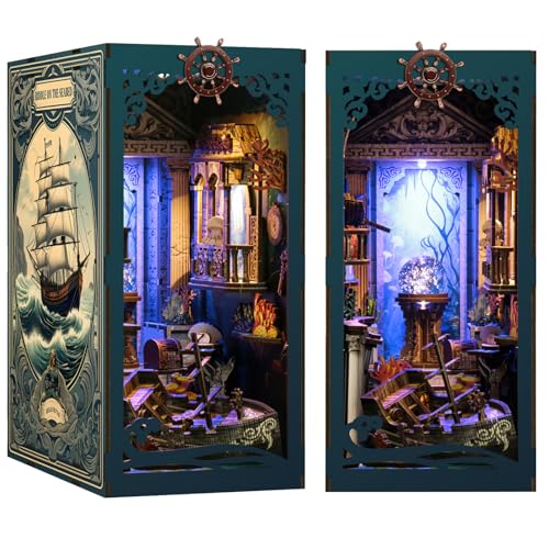 ISSEVE Book Nook Kit DIY 3D Wooden Puzzle Dollhouse Booknook for Adults Tiny Miniature House Kit Bookshelf Decor with LED Light and Dust Cover for Family and Friends Sea Maze - Image 5