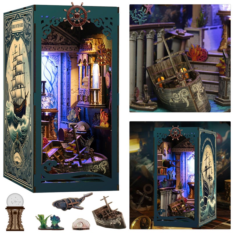 ISSEVE Book Nook Kit DIY 3D Wooden Puzzle Dollhouse Booknook for Adults Tiny Miniature House Kit Bookshelf Decor with LED Light and Dust Cover for Family and Friends Sea Maze - Image 3