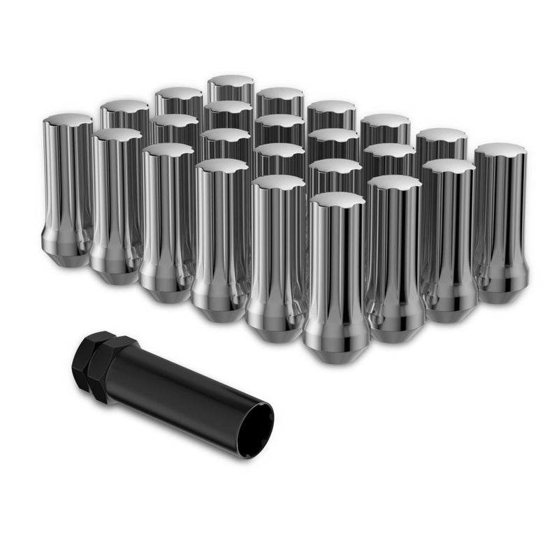 صواميل العجلات Richeer M14x15 لسيارات سيلفرادو وسوبربان وسيرا ورام 1500 وإسكاليد وتاهو وترافيرس ويوكون 24 قطعة 14x15 صواميل عجلات كروم طويلة ممتدة XL 7 شقوق مع مفتاح مقبس لعجلات بعد السوق 6 شقوق