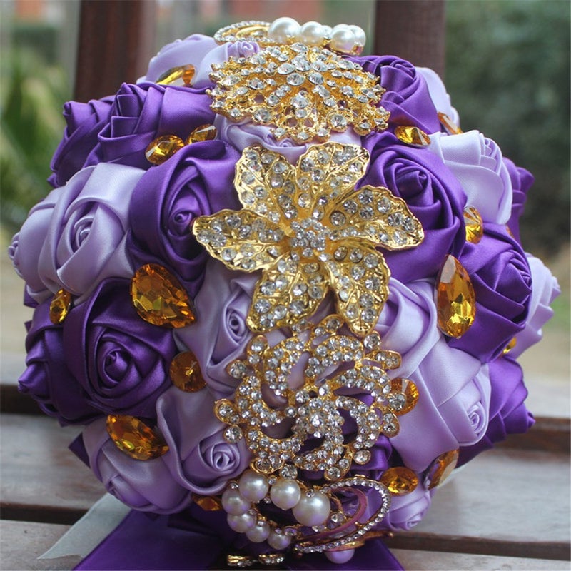USIX Handcraft Crystal Satin Rose Brooch Bridal Holding Wedding Bouquet Brooch Bouquet Lace Decorated Bouquet Wedding Flower Arrangements Bridesmaid BouquetPurple
