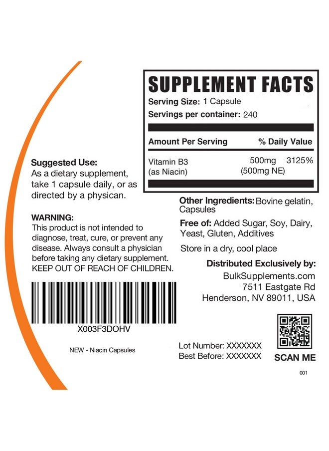 BULKSUPPLEMENTS.COM - Niacin Capsules Niacin 500Mg Niacin With Flushing Vitamin B3 Supplement Niacin Flush B3 Vitamins 500Mg Of Nicotinic Acid Per Capsule 240Day Supply (240 Capsules) - Image 1