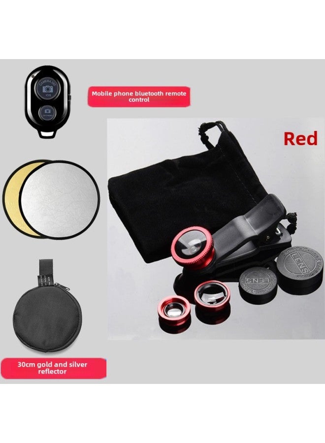 Generic SLR Grade Lens External Wide-angle Macro Fisheye Three-in-one Suit Lens Tremolo Selfie Camera-Body Color:China Red Lens Remote Control Reflector Three-piece Set  - Image 1
