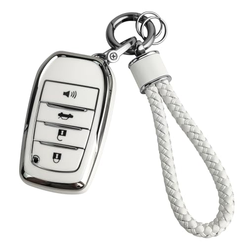 JOYEAR for Toyota Keychain with Key Fob Cover Compatible with 2025 Camry,2021-2024 Venza,Grand Highlander,Hilux,Fortuner, Land Cruiser,2022-2024 Tundra,Corolla Cross,Prius 4 Buttons(Silver-White) - Image 1