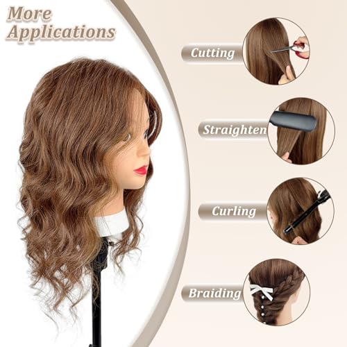 Opini Mannequin Head with 100% Real Human Hair 20-22" Cosmetology Mannequin Head to Practice Hairstyles Bleaching Training Learning Head for Hairdresser With Free Clamp Holder (Brown-W25) - Image 3