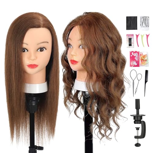 Opini Mannequin Head with 100% Real Human Hair 20-22" Cosmetology Mannequin Head to Practice Hairstyles Bleaching Training Learning Head for Hairdresser With Free Clamp Holder (Brown-W25) - Image 1