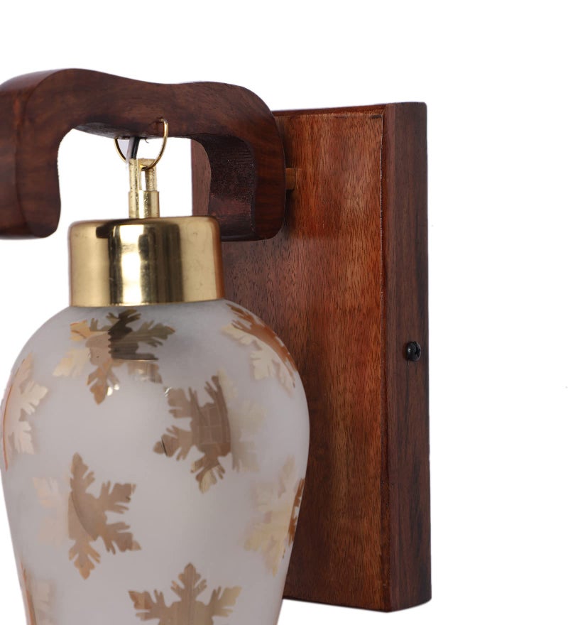 Green House 100% Handmade Sheesham Wood Wall Light/E 27 Bulb Base/U-Downlight Design/Gold Plated Metal Cap/Gold Leaf Printed Glass/Antique/Home/Office Decor - Image 5