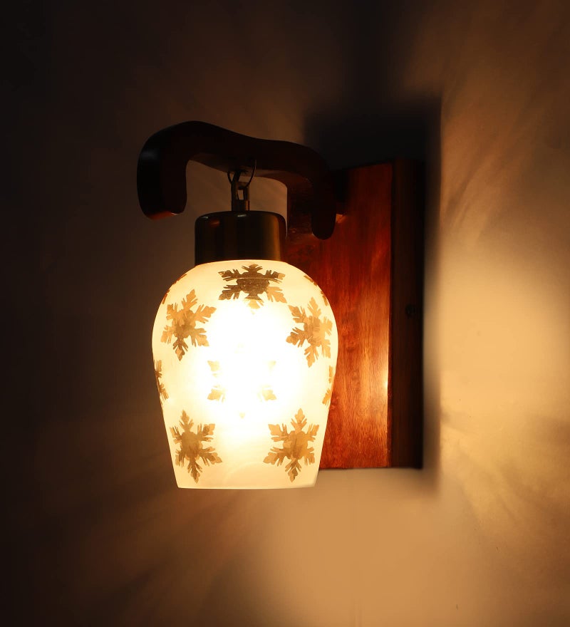 Green House 100% Handmade Sheesham Wood Wall Light/E 27 Bulb Base/U-Downlight Design/Gold Plated Metal Cap/Gold Leaf Printed Glass/Antique/Home/Office Decor - Image 4
