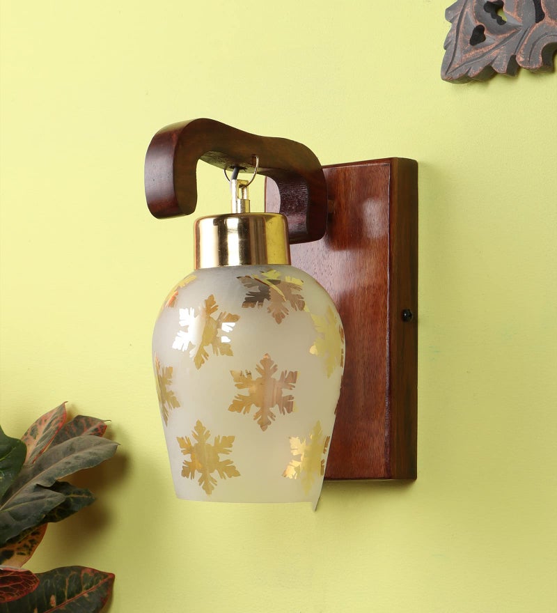Green House 100% Handmade Sheesham Wood Wall Light/E 27 Bulb Base/U-Downlight Design/Gold Plated Metal Cap/Gold Leaf Printed Glass/Antique/Home/Office Decor - Image 1