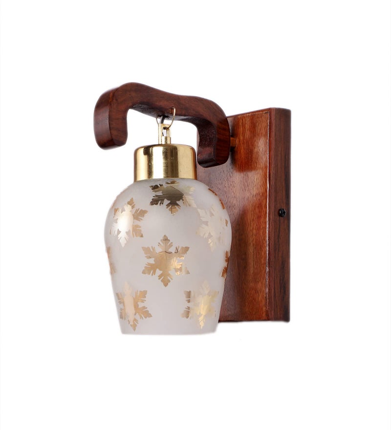 Green House 100% Handmade Sheesham Wood Wall Light/E 27 Bulb Base/U-Downlight Design/Gold Plated Metal Cap/Gold Leaf Printed Glass/Antique/Home/Office Decor - Image 3