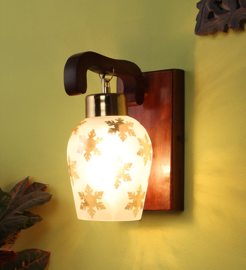 Green House 100% Handmade Sheesham Wood Wall Light/E 27 Bulb Base/U-Downlight Design/Gold Plated Metal Cap/Gold Leaf Printed Glass/Antique/Home/Office Decor - Image 2