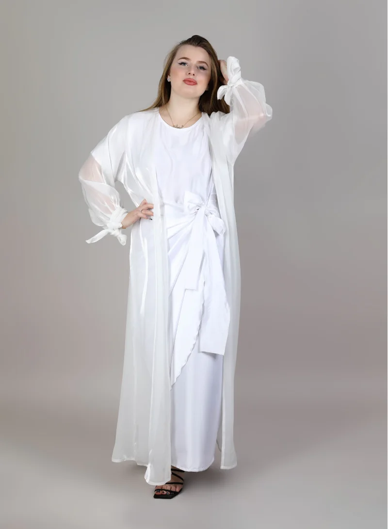 MSquare Fashion MSquare Fashion White Organza Abaya Set With Belt And Under Dress