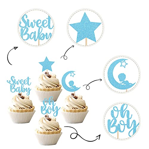 Confetti! 24 PCS Baby Shower Boy Cupcake Toppers with Moon Glitter Star Sweet Baby Boy Cupcake Picks Baby Shower Kids Boys Birthday Party Cake Decorations Supplies Blue (Sweet Baby (Boy)) - Image 3