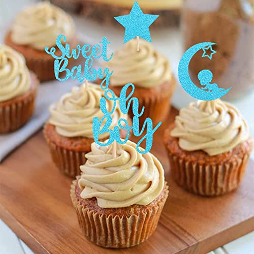 Confetti! 24 PCS Baby Shower Boy Cupcake Toppers with Moon Glitter Star Sweet Baby Boy Cupcake Picks Baby Shower Kids Boys Birthday Party Cake Decorations Supplies Blue (Sweet Baby (Boy)) - Image 5