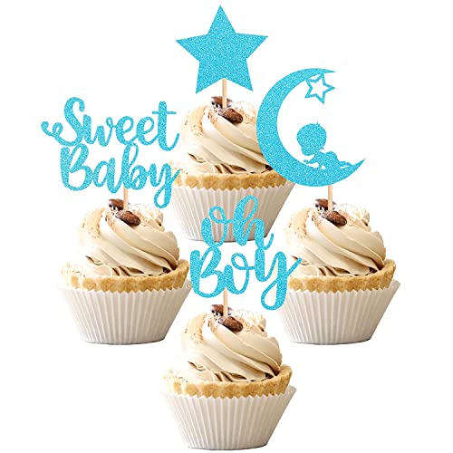Confetti! 24 PCS Baby Shower Boy Cupcake Toppers with Moon Glitter Star Sweet Baby Boy Cupcake Picks Baby Shower Kids Boys Birthday Party Cake Decorations Supplies Blue (Sweet Baby (Boy)) - Image 1