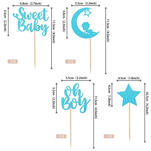 Confetti! 24 PCS Baby Shower Boy Cupcake Toppers with Moon Glitter Star Sweet Baby Boy Cupcake Picks Baby Shower Kids Boys Birthday Party Cake Decorations Supplies Blue (Sweet Baby (Boy)) - Image 2
