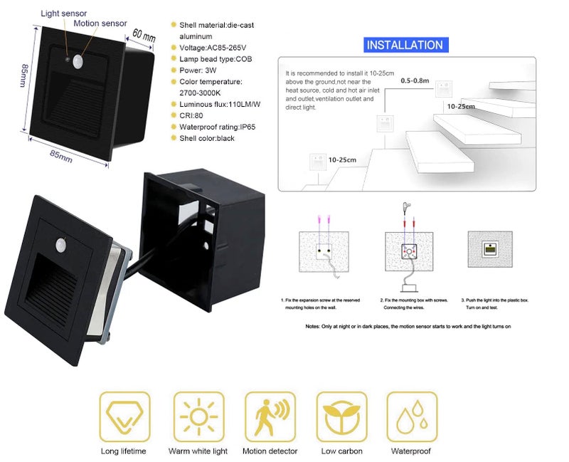 Groeien Pack of 4 LED 3Watt IP65 Grade Waterproof Outdoor/Indoor Conceal Motion Sensor LED Foot Aluminium Wall Light- Warm White (4) - Image 4
