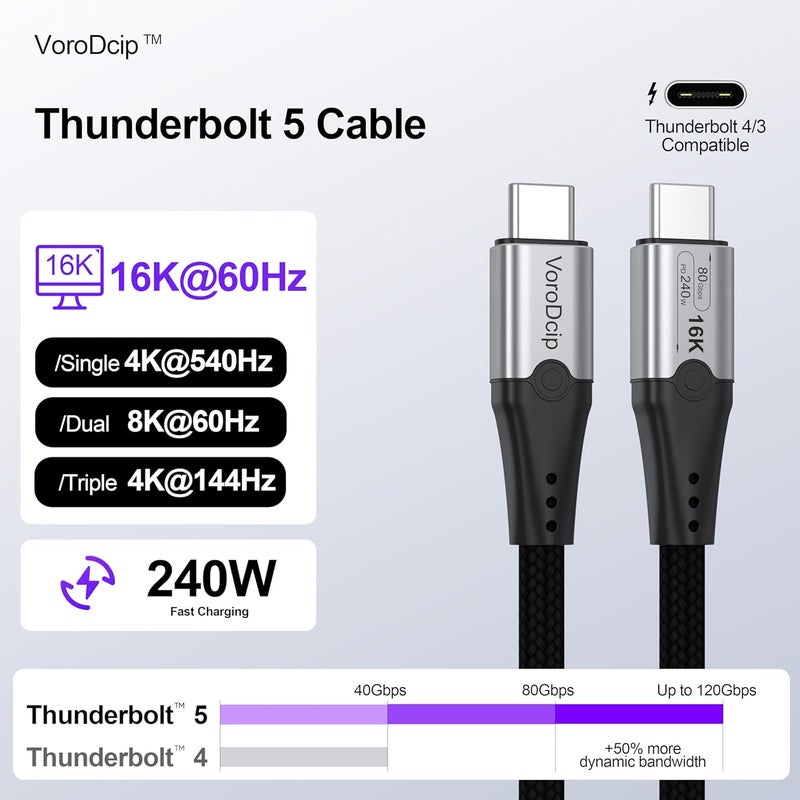 VoroDcip USB 5 Cable 3ft for Thunderbolt 5, 80Gbps Data Transfer 16K Dual 8K Video Display 240W Charging for Thunderbolt 5/USB4 v2, MacBook Pro, Mac mini, Monitor, Z890, Dock, Externel SSD, eGPU - Image 2