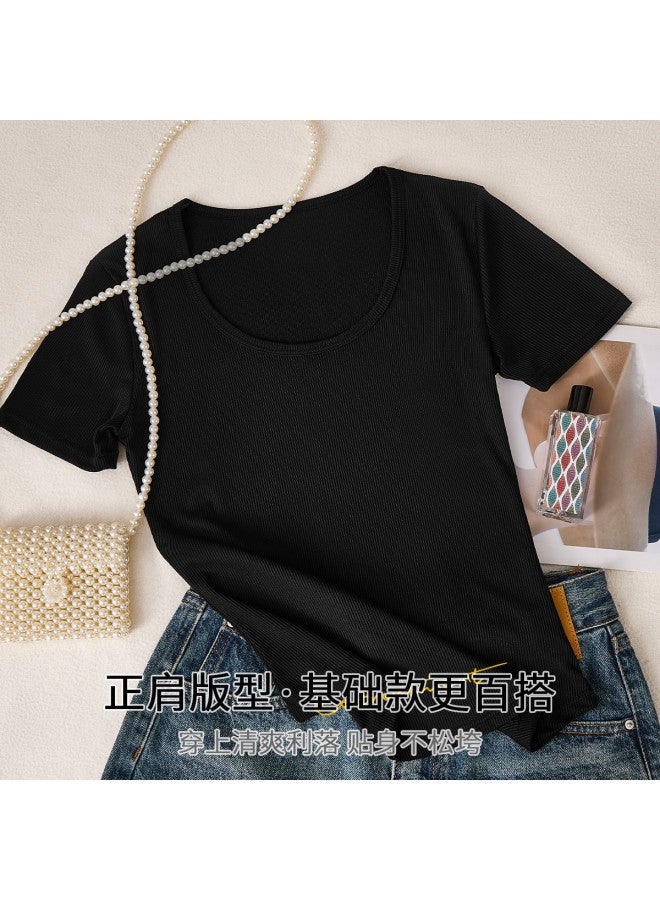 Your Sun Summer Thin Round Neck Women'S Basic T-Shirt Short Sleeve Solid Color Slim Fit Can Be Worn Alone - Image 4