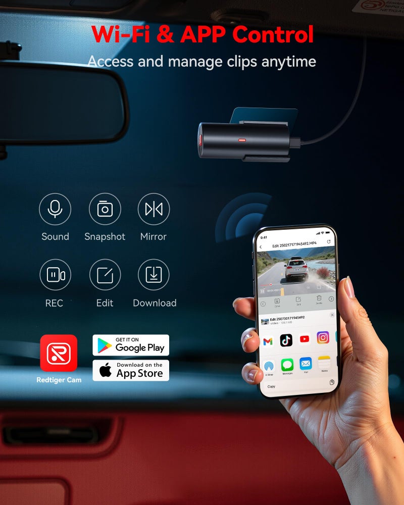 REDTIGER F11 4K Mini Car Dash Cam Front with WiFi, Night View, WDR, Loop Recording, 24H Parking Mode, Easy Installation, 32GB Card Included, Supports 256GB Max - Image 4