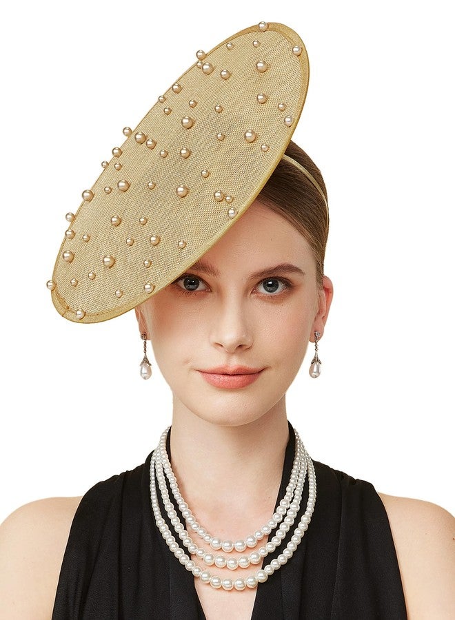 كوكو لاند قبعة كوكولاند المزينة، قبعة كوكتيل لحفلات الشاي، طوق رأس ديربي، قبعات كنتاكي مسطحة لحفلات الزفاف، ذهبية اللون - Image 1