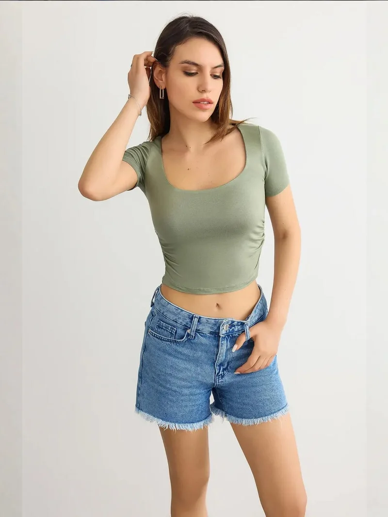 HICCUP Ribbed Cropped Blouse with Scoop Neck