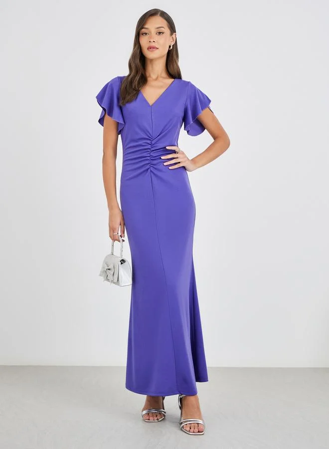 ستايلي Styli Solid Ruffled Sleeves Mermaid Maxi Dress
