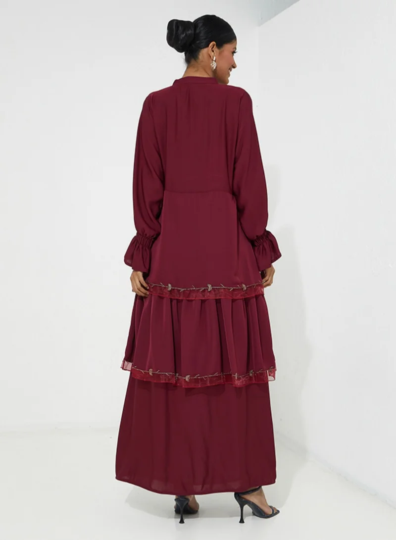 Rosette Abaya Red abaya with layered embroidery