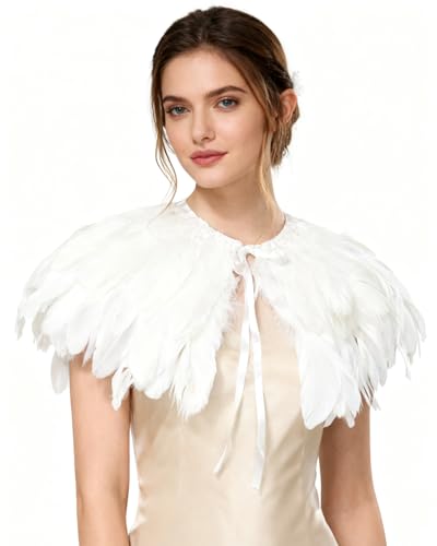 L'VOW Fashion Feather Cape Stole Black White Beige Shawl Burning Man Costumes - Image 3