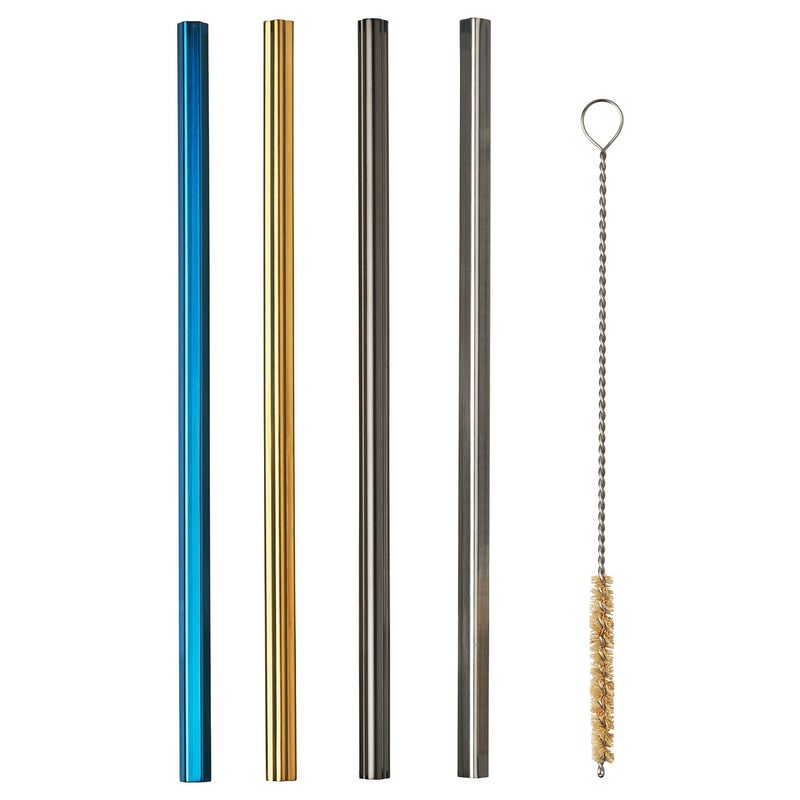 Baitique Reusable Stainless-Steel Straws with Cleaning Brush, Mixed Colours, Set of 5 - Image 1